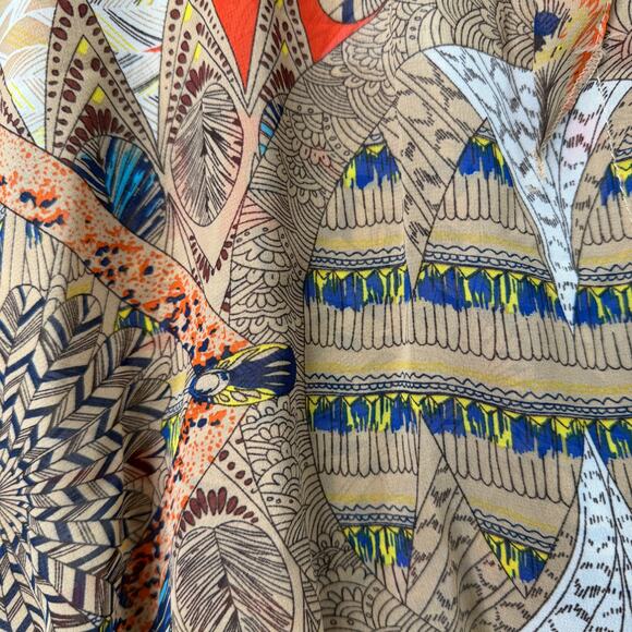 HOPE Boho Sheer Printed Cape Poncho Top Tan Tie Neck Ruffle Hem Festival Hippie - Picture 6 of 11